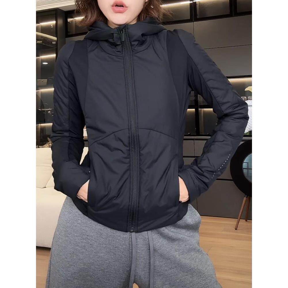 香港高级感黑色连帽棉服外套女2025秋冬新款时尚修身显瘦运动夹克