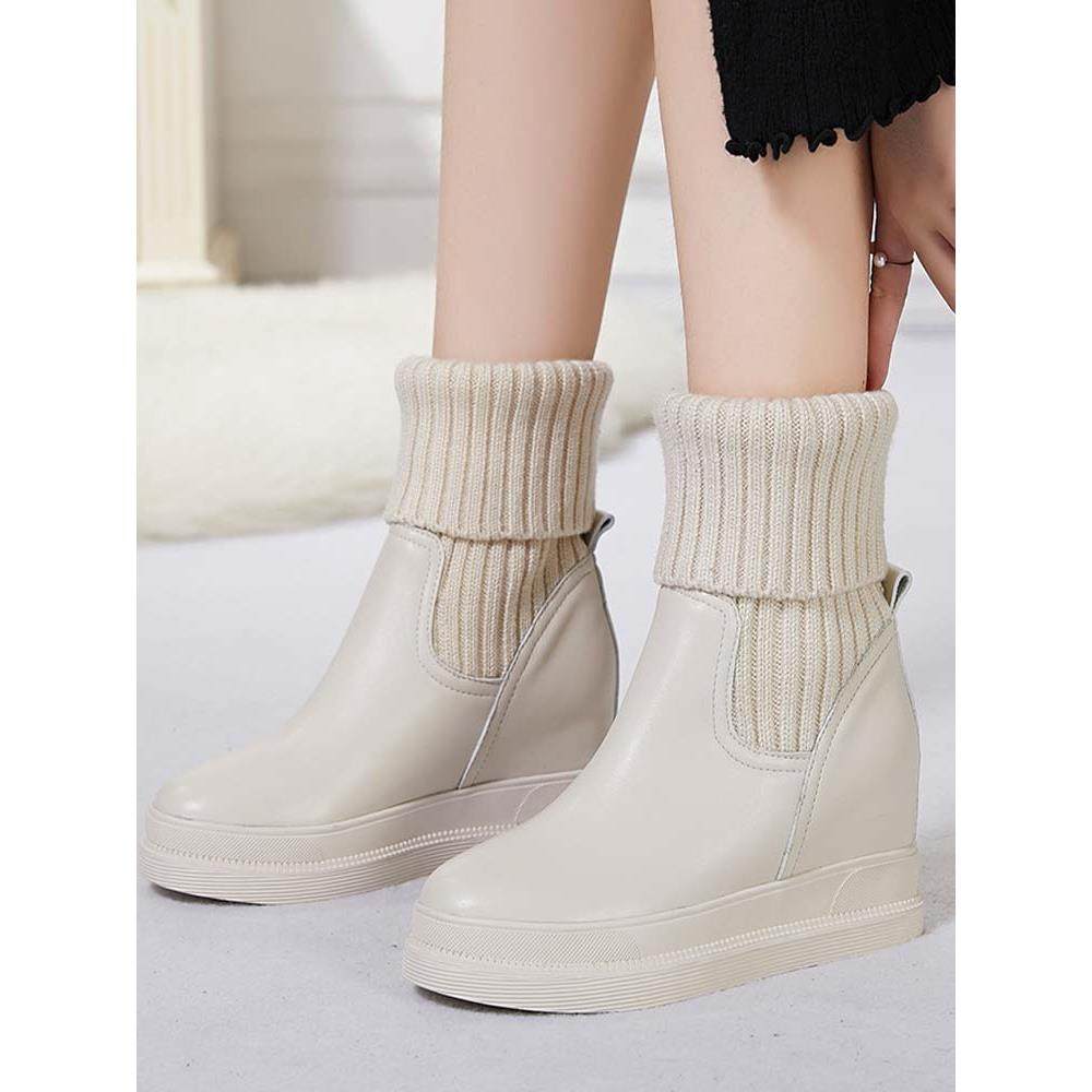 2025秋冬季真皮加绒毛线短靴米白色平底马丁靴内增高厚底中筒靴子