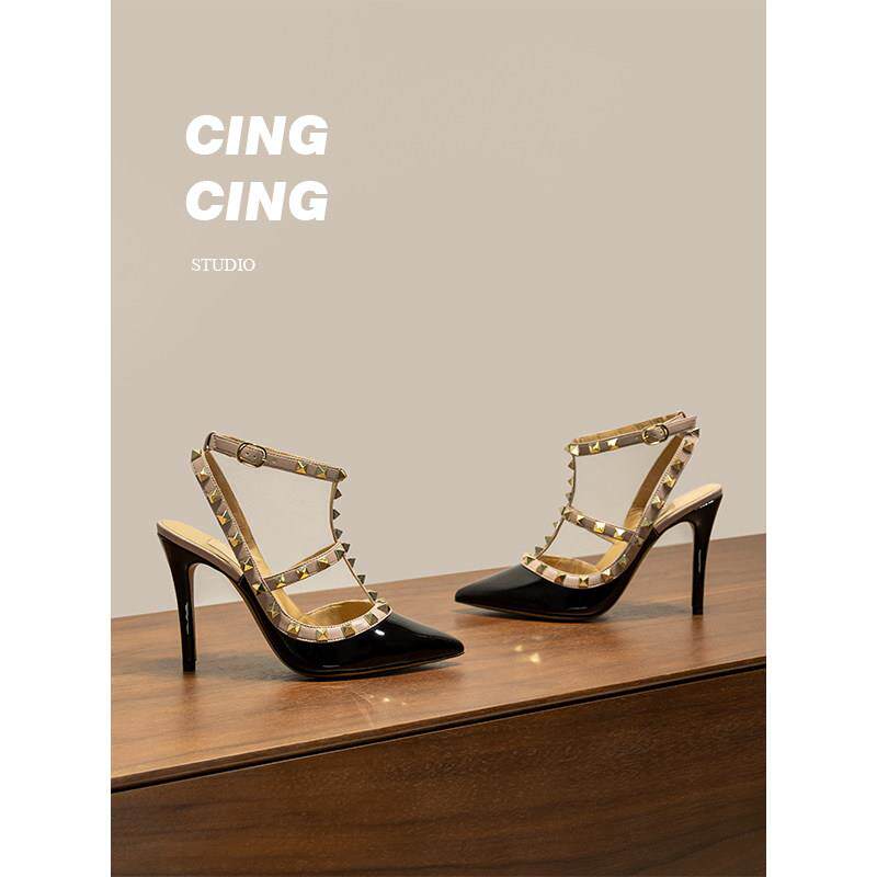 CING`CING 招牌款~超高跟 两环铆钉细跟漆皮凉鞋女尖头高跟鞋10cm