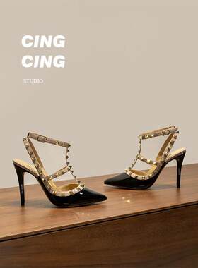 CING`CING 招牌款~超高跟 两环铆钉细跟漆皮凉鞋女尖头高跟鞋10cm