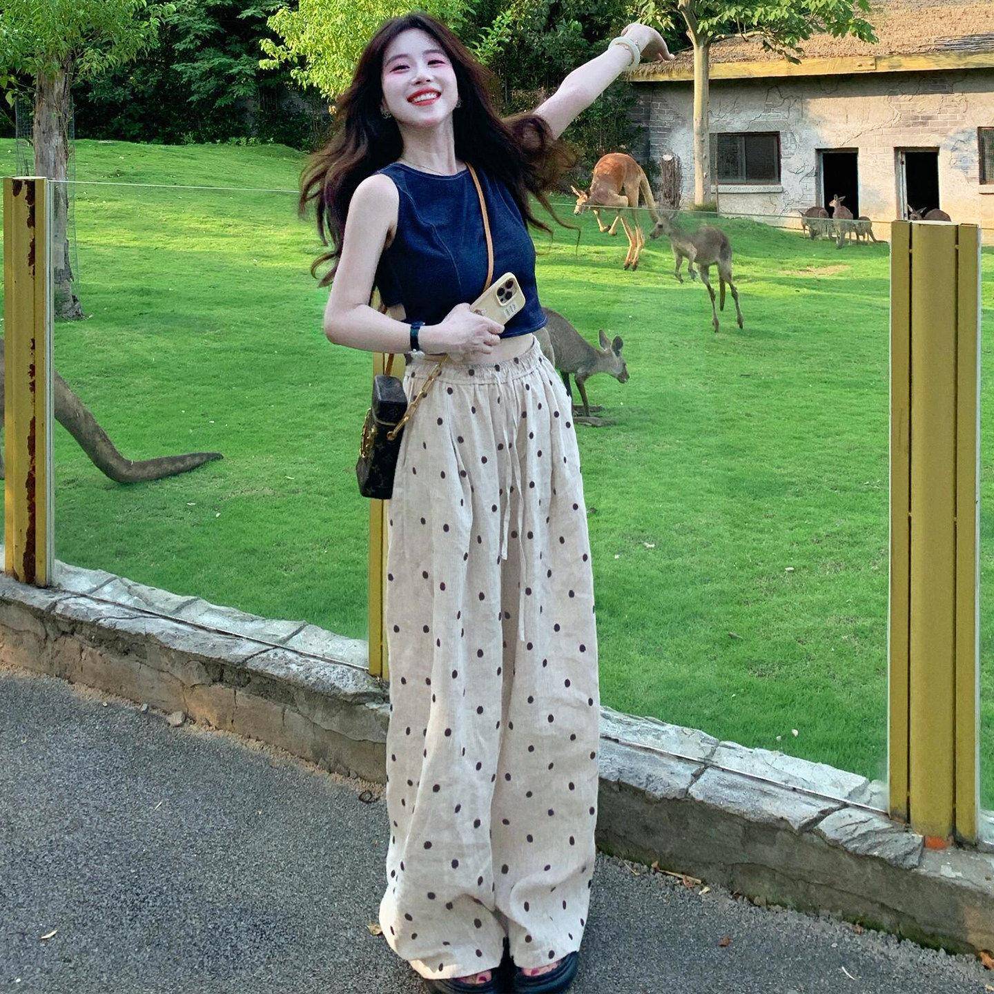 复古亚麻波点休闲裤女夏季薄款高腰宽松显瘦韩系棉麻直筒阔腿长裤