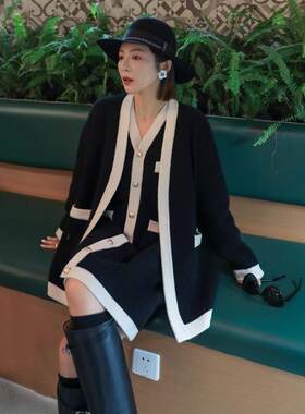 欧洲站秋季新款气质名媛小香风针织外套大气今年流行连衣裙套装女