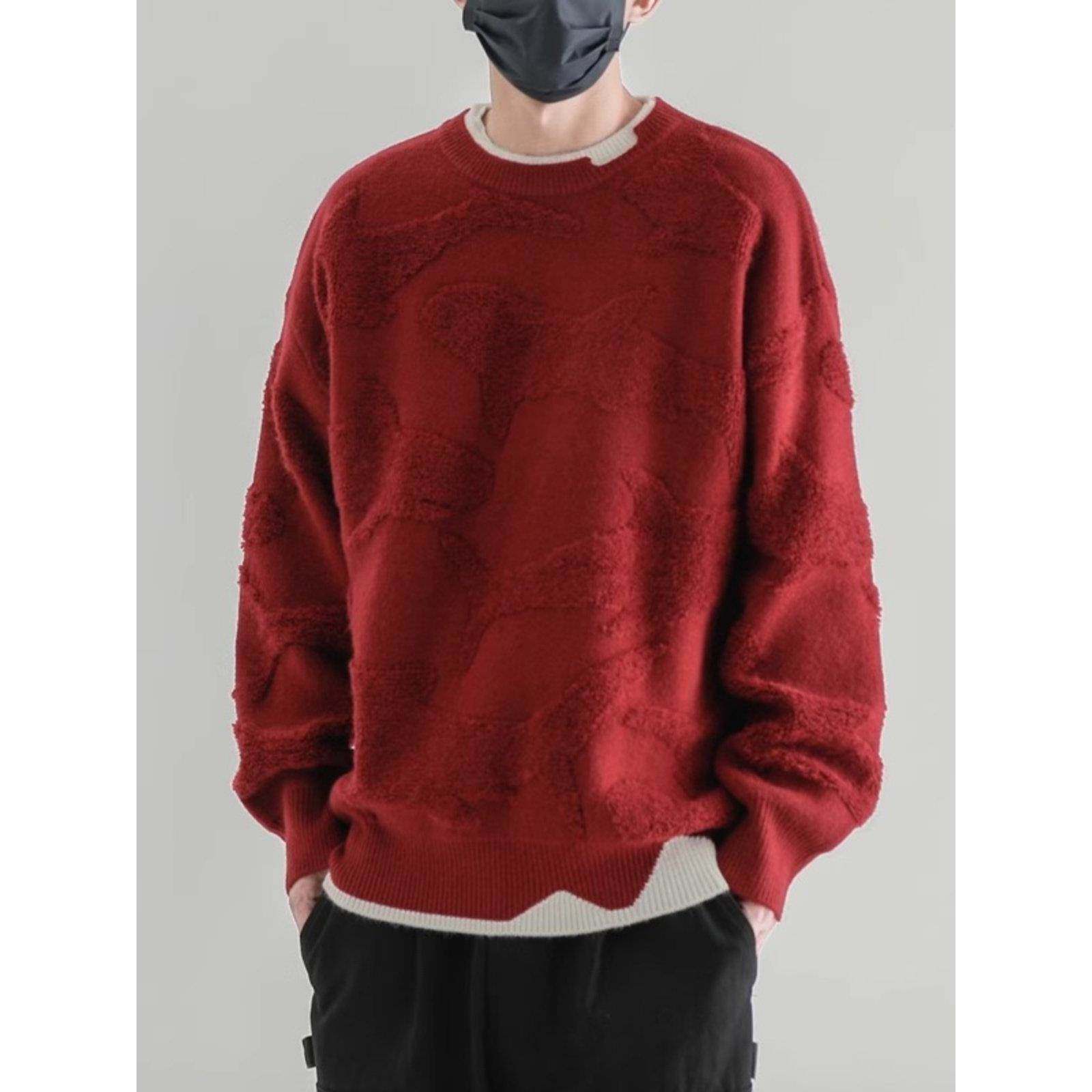 潮牌it neith BIAS假两件毛衣男秋冬日系红色针织衫保暖套头外套