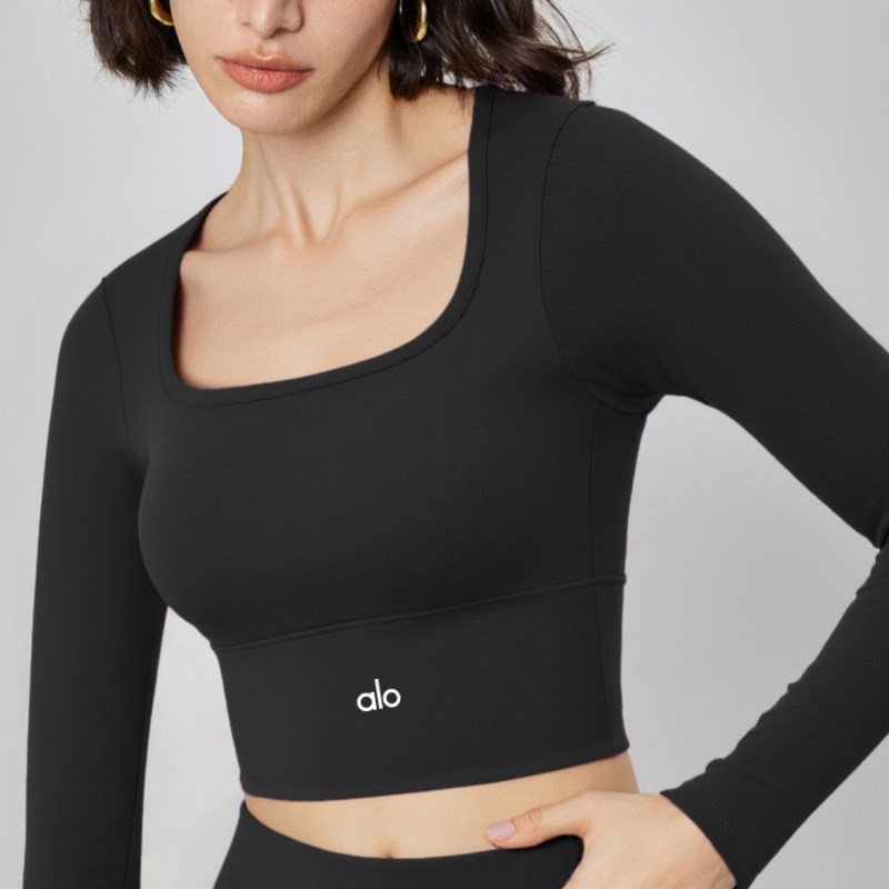 AIo裸感瑜伽长袖固定胸垫健身衣显瘦普拉提舞蹈运动紧身上衣女