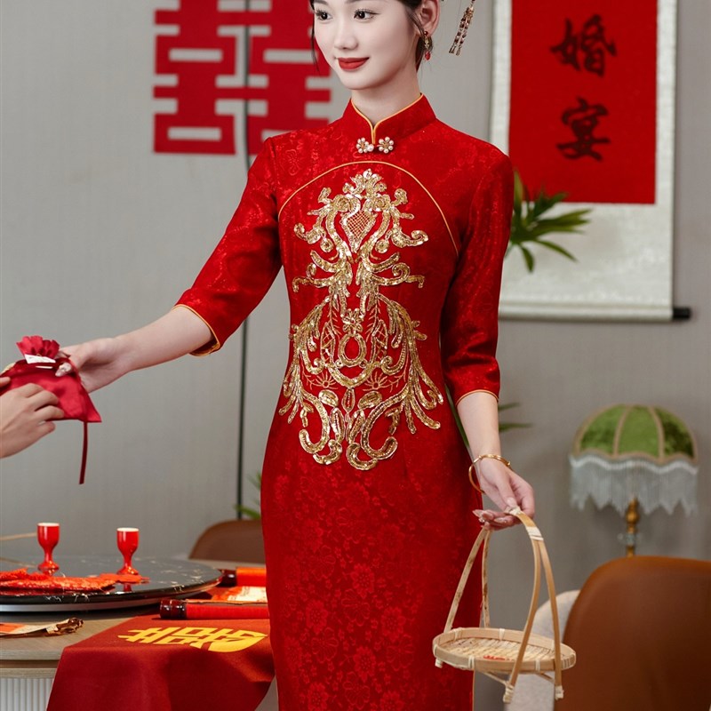 Ocnltiy红色蕾丝旗袍敬酒服新娘秋季新款结婚订婚回门服连衣裙女