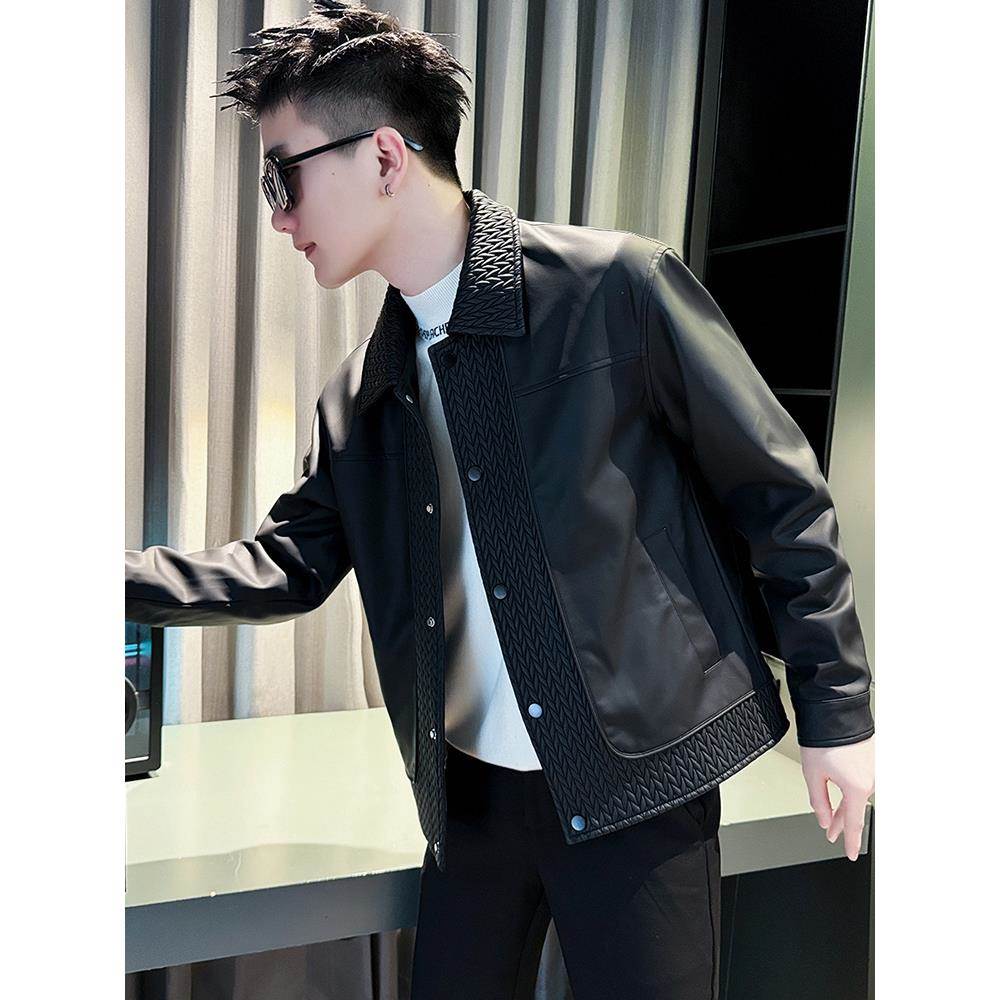 高端翻领绵羊皮皮衣男春秋季新款韩版修身帅气潮流拼接休闲皮夹克