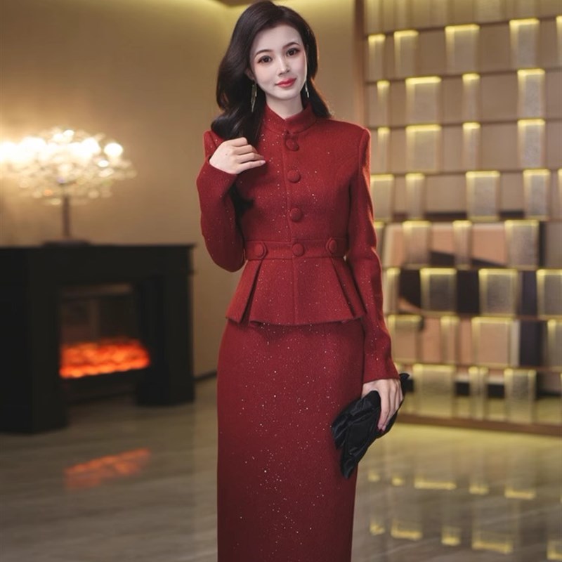 Ocnltiy红色小香风套装裙女气质名媛绝美高端修身显瘦千金两件套