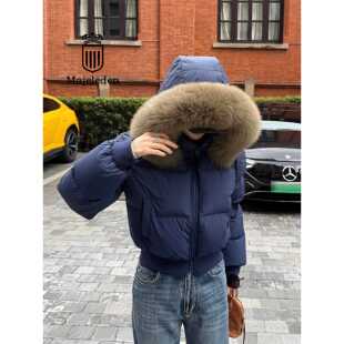 正品2025冬季收腰羽绒服女短款小个子白鸭绒加厚大毛领面包服外套