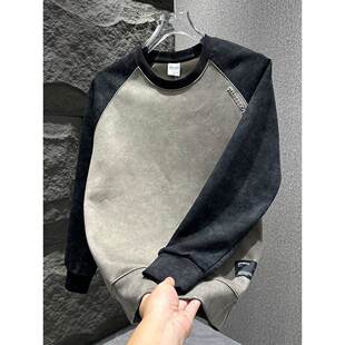 韩版圆领男士春秋卫衣撞色拼接设计感休闲衣服扎染薄款成熟风上衣