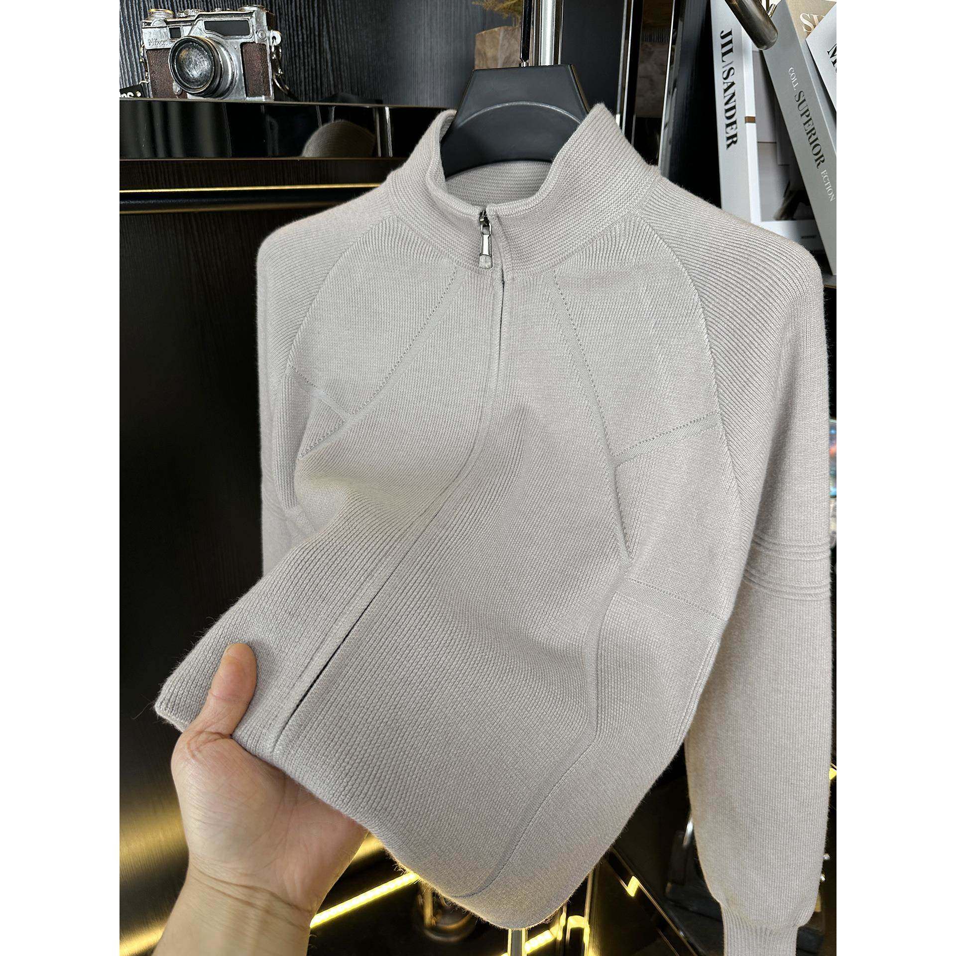 双拉炼立领开衫毛衣男士秋冬季加厚保暖高端时尚简约休闲针织外套