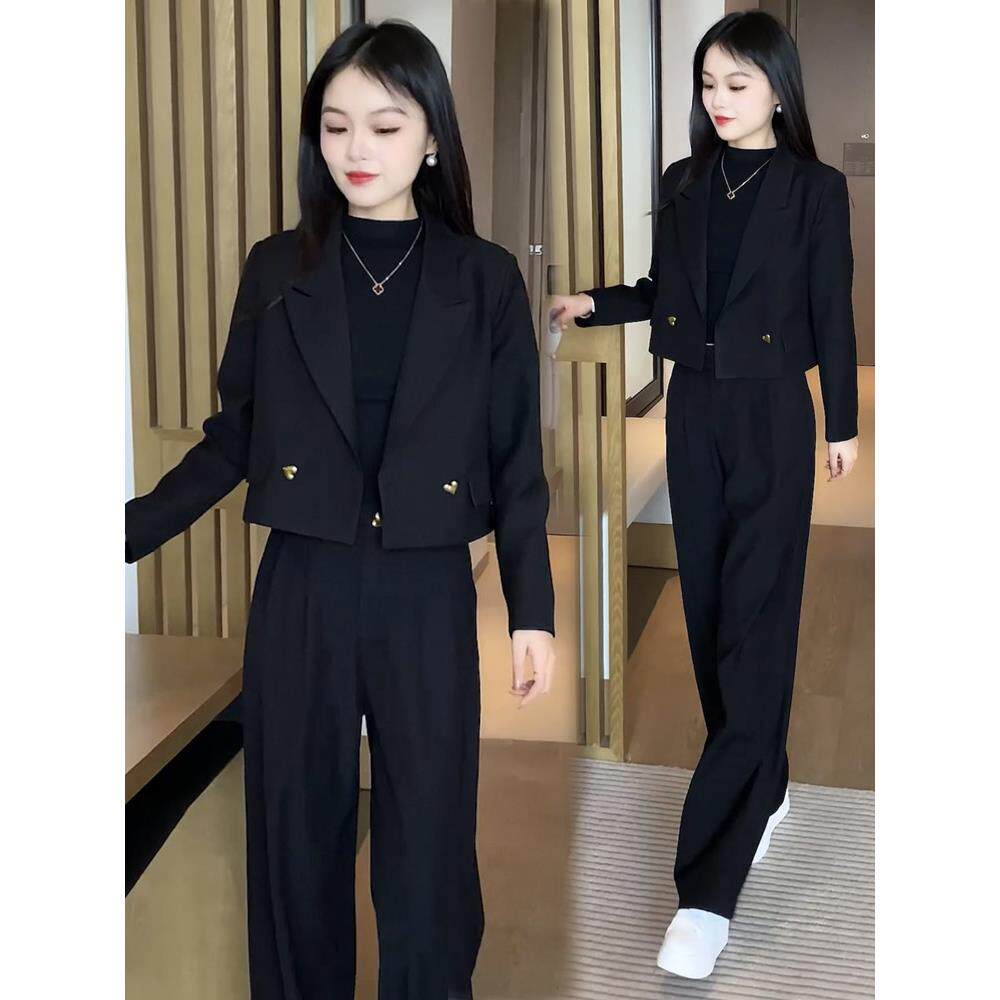 香港代购时尚西装套装女2024春秋新款洋气减龄小西服阔腿裤两件套