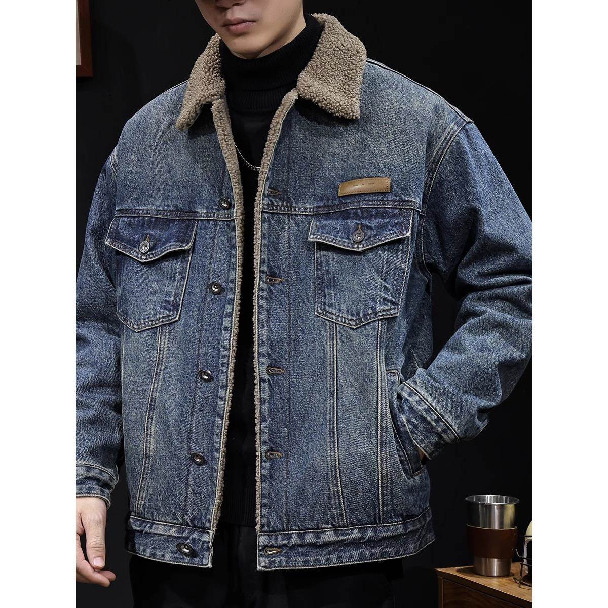 美式覆古加绒加厚牛仔衣外套男士冬季潮牌宽松羊羔绒保暖棉服夹克