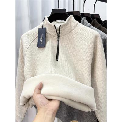 MAROLIO~一体绒半高领拉链毛衣男士加绒加厚含羊毛保暖上衣打底衫