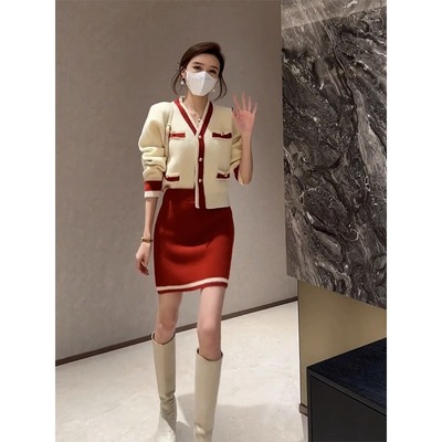 女装2023新款名媛裙子高级感气质红色套装针织两件套女秋冬