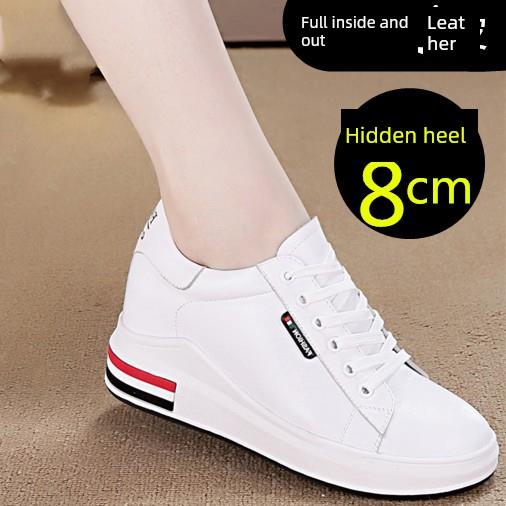 香港真正的名人风格内高增加白色鞋8厘米真皮黑色平底鞋层牛皮羊