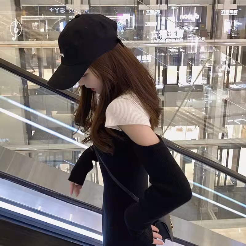 秋季2023新款女装法式长版毛衣裙露肩针织洋装设计感小众