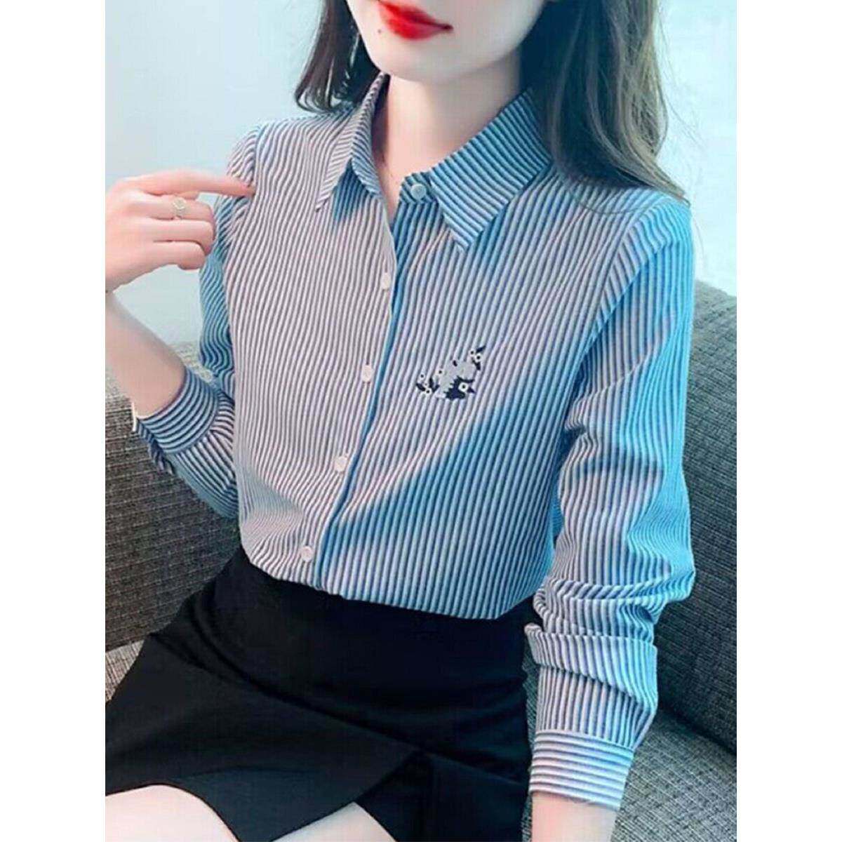 香港Timo蓝色棉条纹衬衫女式长袖春秋季2025通勤棉衬衫女式时尚上