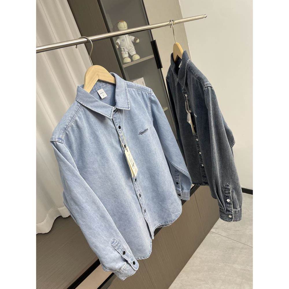 Mostarsea~春秋字母刺绣牛仔衬衫水洗做旧男简约百搭休闲长袖外套