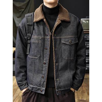 羊羔绒牛仔男士外套秋冬季2025新款加绒加厚保暖棉服美式宽松夹克