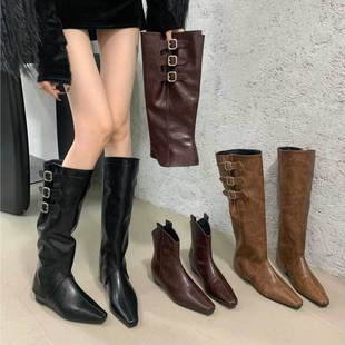 两穿靴子女秋款 皮带扣中筒靴 内增高尖头粗跟堆堆靴覆古骑士靴时尚