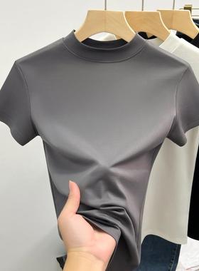 韩国冰丝罗马经典烟灰色短袖t恤女性小众设计上衣修身t恤底衬衫褶