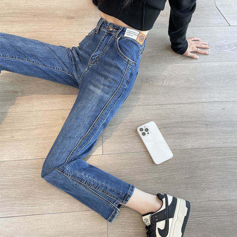 加绒高腰九分直筒牛仔裤女春秋时尚新款显瘦八分小个子法棍烟管裤