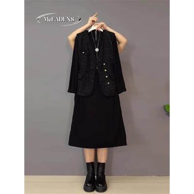 香港秋季款大码女装小香风马甲长款连衣裙胖妹妹气质通勤显瘦套装