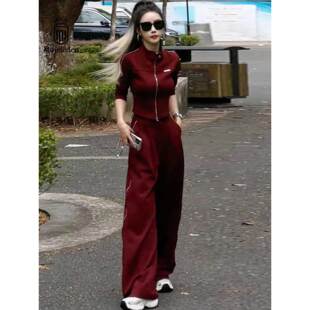 休闲运动套装 正品 2025秋季 新款 两件套 女高级感洋气红色外套阔腿裤