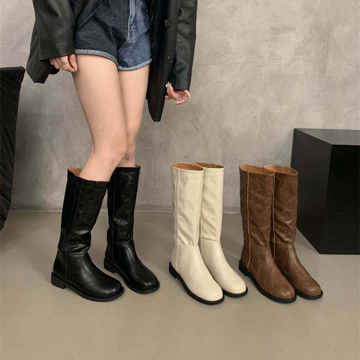 香港长靴子女鞋2024年秋冬新款咖棕色圆头高筒靴显瘦骑士靴马丁靴