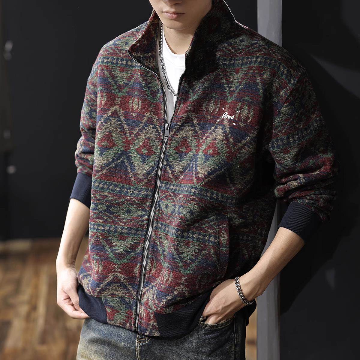 it neith BIAS覆古民族风立领开衫外套男士秋冬加厚美式满印卫衣