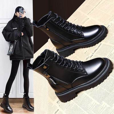 香港真皮黑色马丁靴女2025秋冬新款加绒爆款靴子英伦厚底粗跟短靴