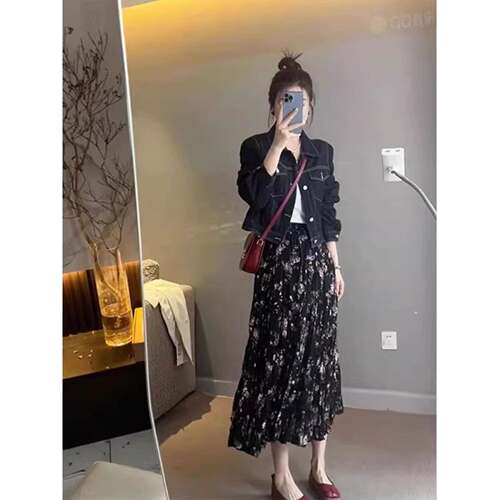 欧洲秋季服装，全套高端2025新款牛仔夹克花裙两件套西装