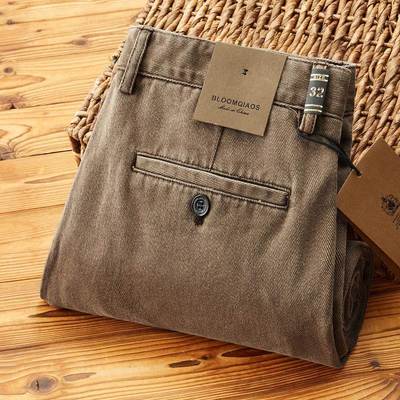 高档100%纯棉斜纹休闲裤男士直筒宽松2025新款百搭秋冬商务长裤子