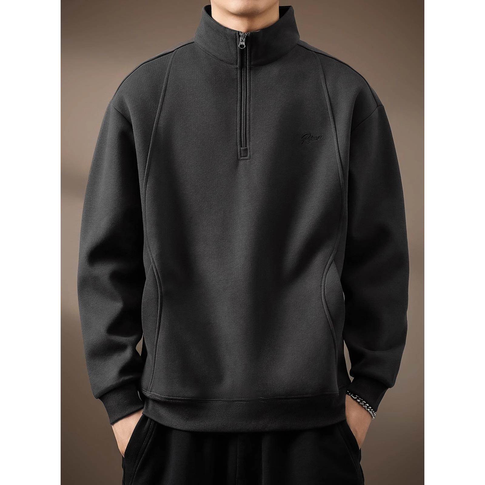 it neith BIAS潮牌软糯重磅美式半拉炼立领卫衣男春秋覆古Polo衫