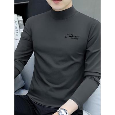 高端春秋纯棉长袖t恤男士冬季加绒加厚保暖打底衫半高领内搭高端