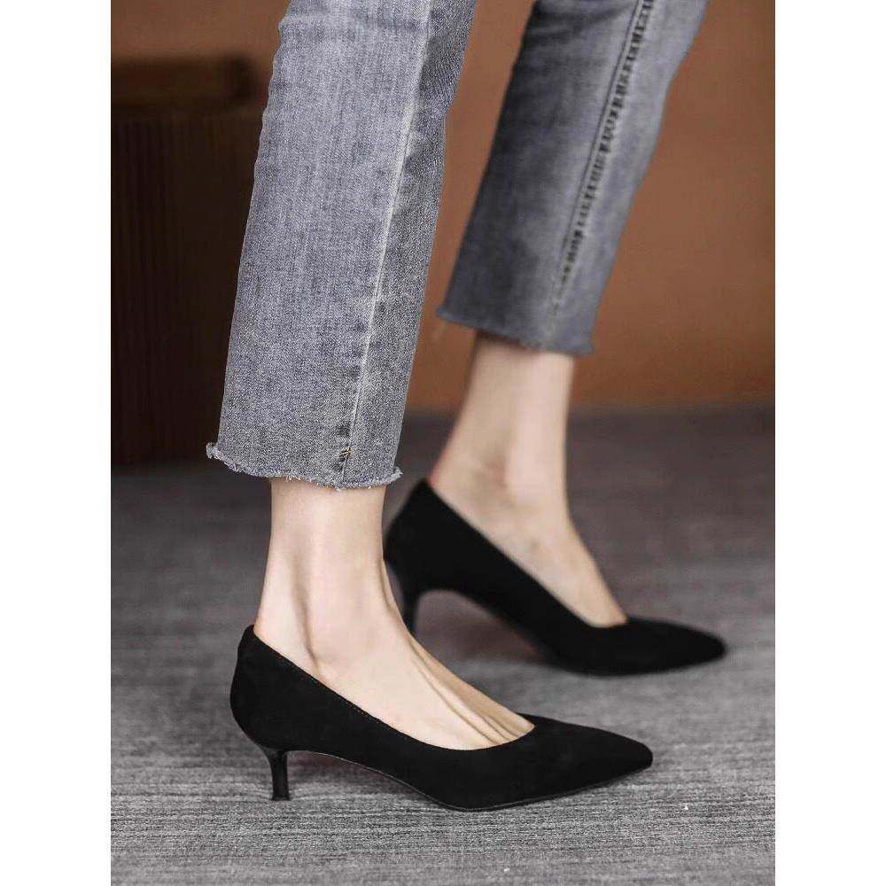 香港真皮麂皮黑色高跟鞋女式细跟鞋小跟3厘米尖头面试5厘米工作鞋