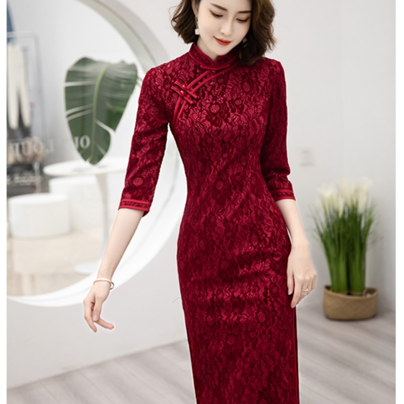 Ocnltiy喜婆婆小个子妈妈婚宴旗袍裙新中式改良婚宴蕾丝连衣裙女