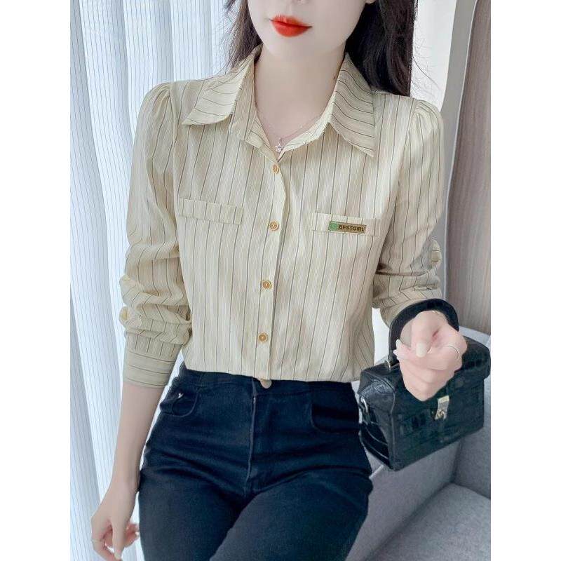 香港TIMO春秋季新款时尚休闲条纹女士衬衣棉布衬衫女洋气宽松上衣