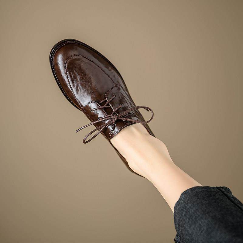 香港英伦风格系带女式小皮鞋2025大码圆头真皮深口平底软皮棕色乐,女鞋,深口单鞋,淘宝优惠券,粉丝福利购,淘宝优惠卷