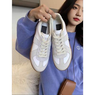 港风轻奢新款~加绒全牛皮德训鞋女秋冬平底百搭内增高真皮小白鞋