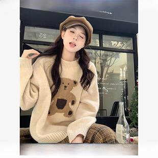 加码卡通慵懒风格宽松羊绒针织衫秋冬女性肥胖毫米瘦身Look套头针