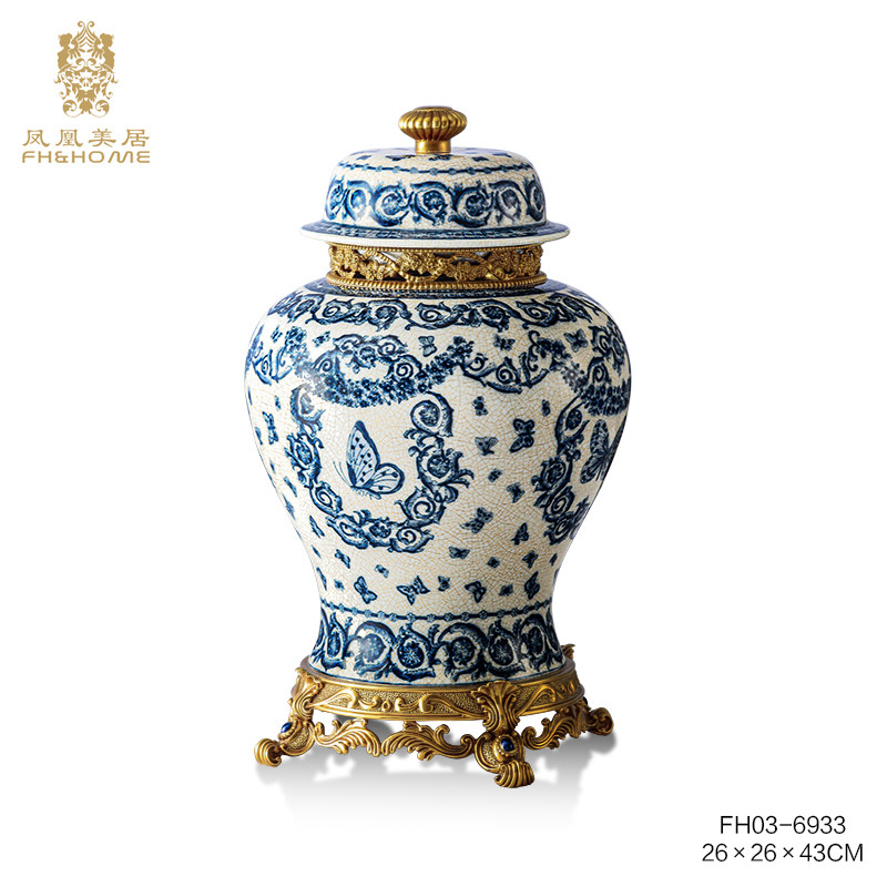凤凰美居铜配瓷展脚圆肚天字盖坛花瓶花器果盘餐桌客厅别墅摆件套