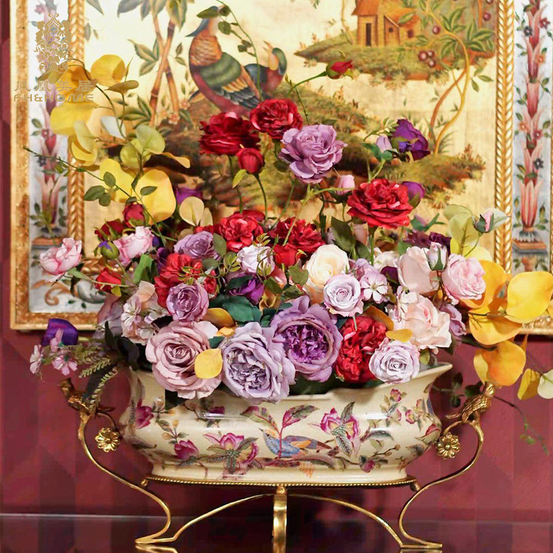 凤凰美居轻奢欧式花鸟系列花盆花瓶铜配瓷桌面收纳盒纸巾盒装饰