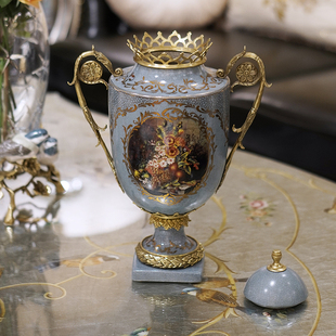 凤凰美居复古奢华欧式彩绘高温瓷配铜花盆装饰品高端花插家居摆件