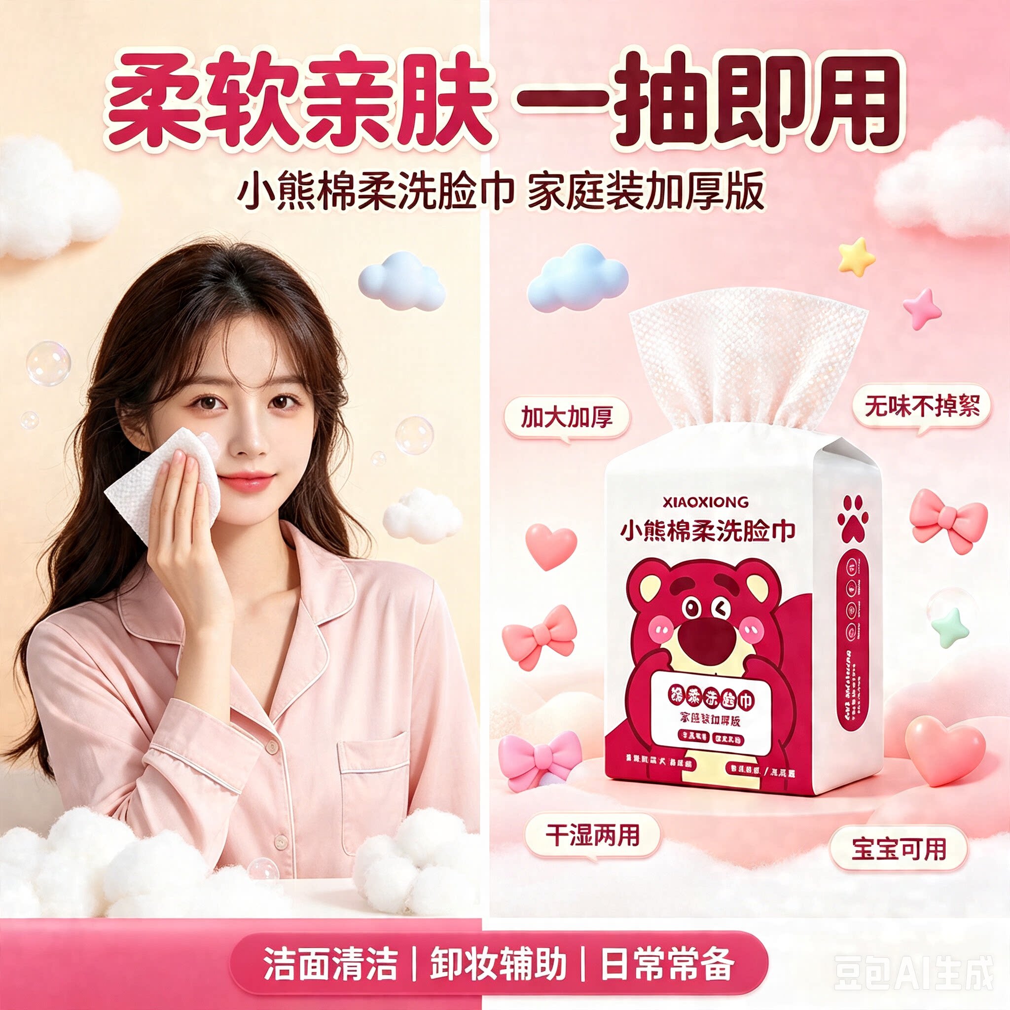 正品小熊亲肤加大一次性超厚悬挂式洁面巾宿舍家庭装擦脸高颜值毛