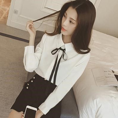 上衣衬衫长袖带衬衣白色女秋装系带单排多扣涤纶扣纽扣修身通勤单|ruв категории Женская одежда, рубашка - от Buy2taobao.com для оказания профессиональной услуги покупки агента Taobao