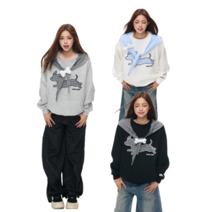 学院风小狗刺绣蝴蝶结连帽卫衣女慵懒风上衣 原创美式 零碎岛屿