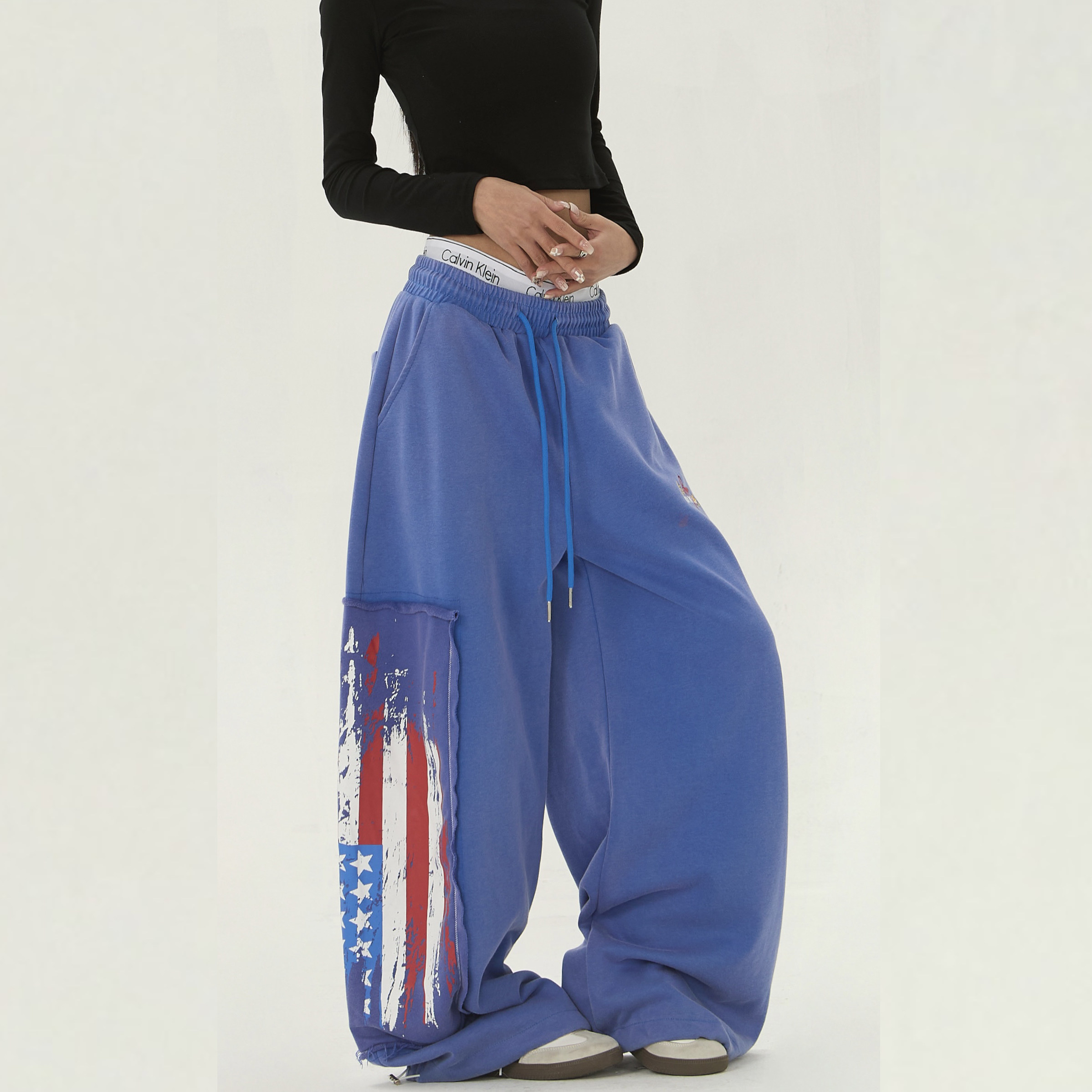 零碎岛屿美式水洗旗帜贴布运动卫裤男女宽松直筒阔腿弯刀休闲长裤,女装/女士精品,休闲裤,淘宝优惠券,粉丝福利购,淘宝优惠卷