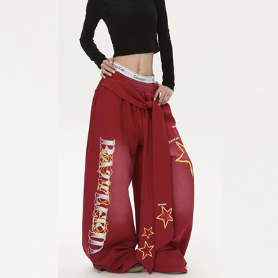 美式复古飘带弯刀休闲卫裤阔腿裤