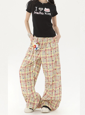 【零碎岛屿】美式复古撞色条纹格子拼接阔腿裤女百搭垂感直筒长裤